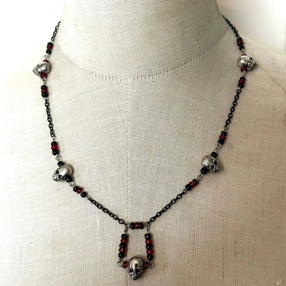 Goth Skull & Red Glass Bead Necklace with Dark Chain